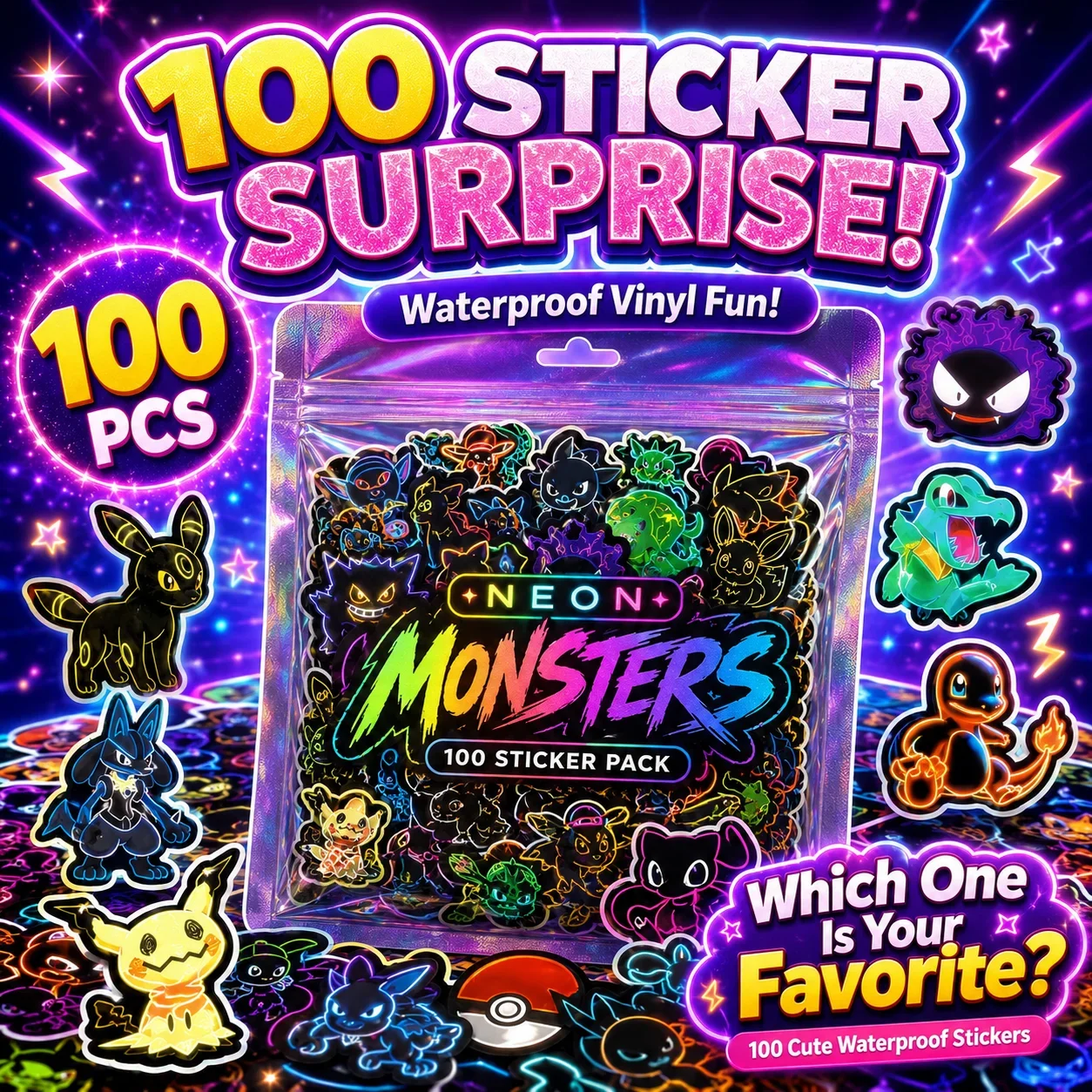 Scrapbooking - 100 sztuk neonowych naklejek Pokémon, wodoodporne,